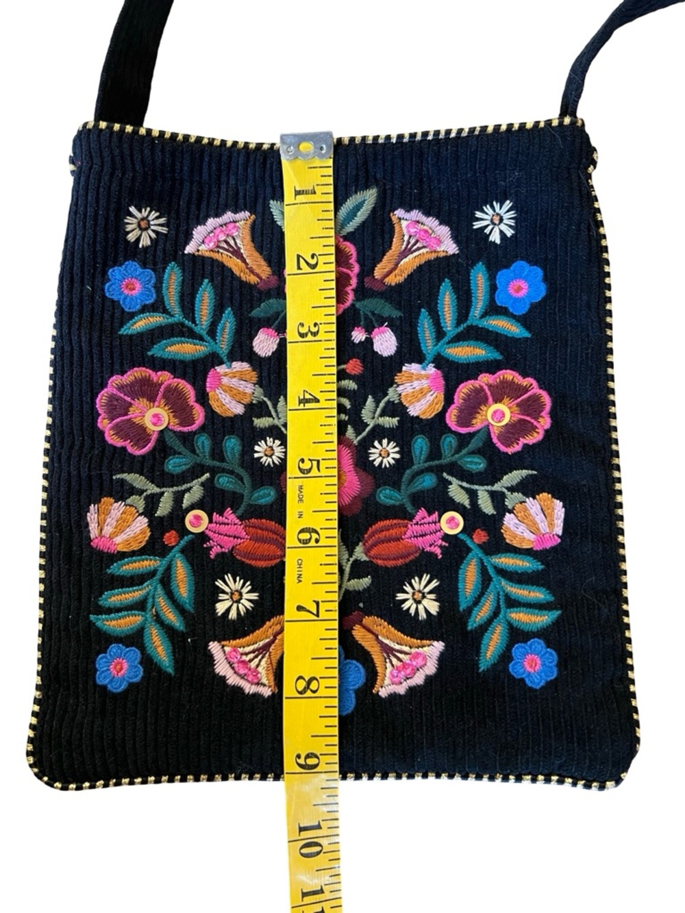 NATURAL LIFE Embroidered Black Corduroy Boho Crossbody Bag Folk Flower Purse - Picture 10 of 12